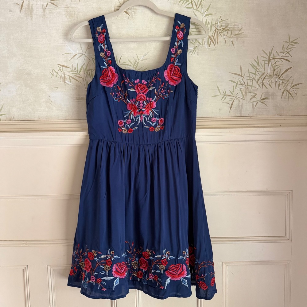 Sunny Girl Modcloth Dress Embroidered Blue Floral Sleeveless Fit Flare Folk M
